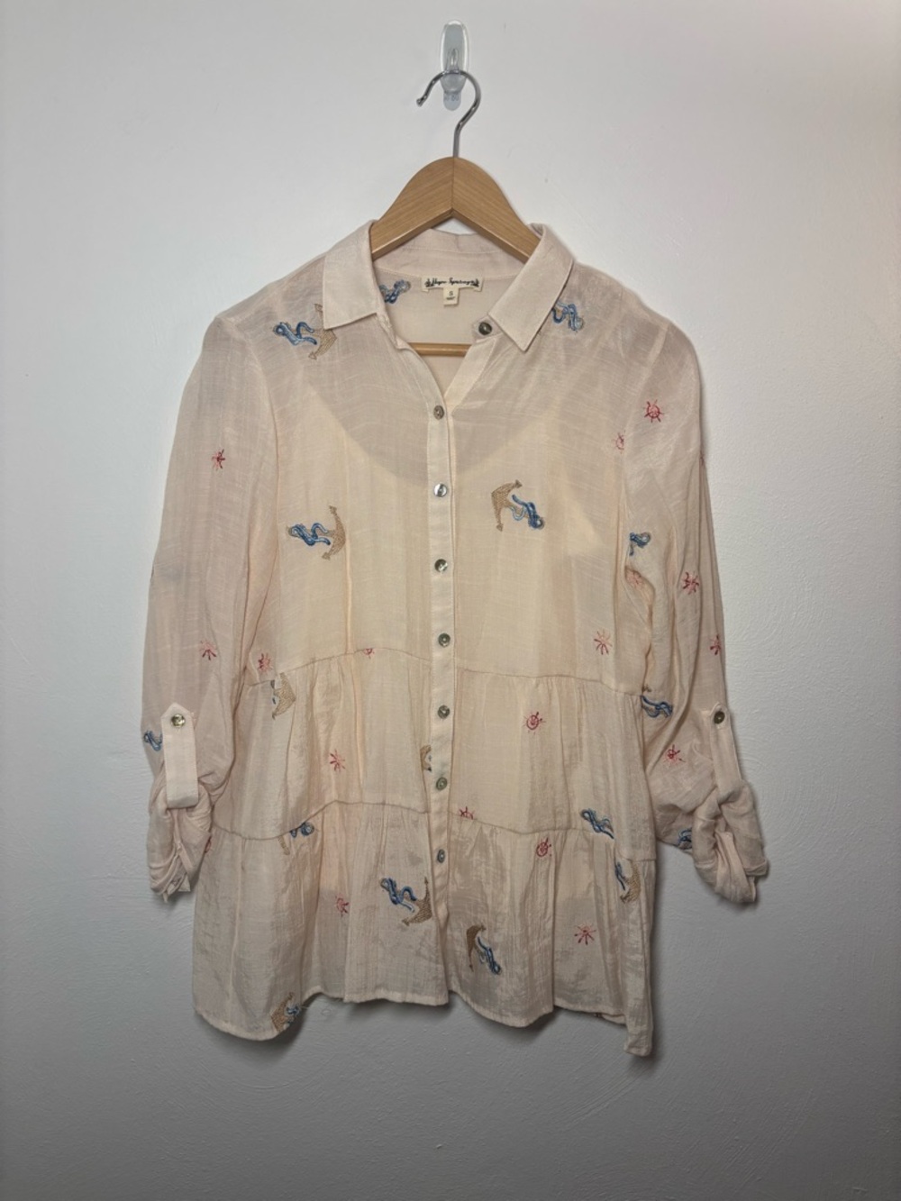 Hope Springs Anchor Sailing Embroidered Tiered Button-Down Shirt Size Small